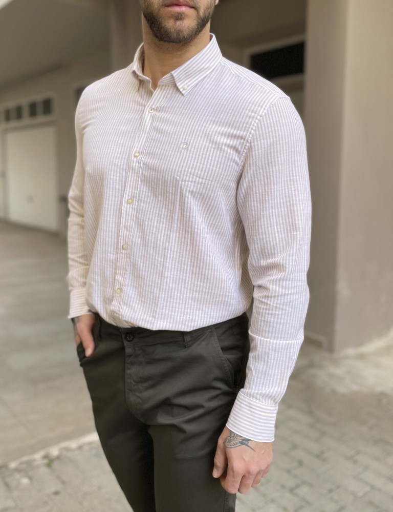 Ανδρικό μπεζ ριγέ πουκάμισο με γιακά 1564B φωτογραφία